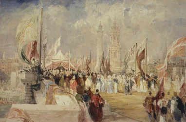 De Opening van de London Bridge door Koning Willem IV en Koningin Adelaide op 1 Augustus 1831